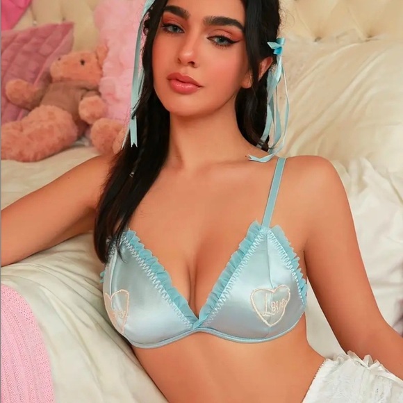 Coquette Silky Satin Mesh‎ Ruffled “LOVE” Stretchy Baby Blue Triangle Bra Top - Picture 1 of 12